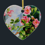 Ornamento De Cerâmica Lindas rosas cor-de-rosa, rosas vermelhas, floral<br><div class="desc">Rosas românticas de cor vermelha e rosa contra uma cerca branca de piquete,  brilhando ao sol da noite. inspiração de uma viagem à Ilha Mackinac Michigan. pintura original de H Cooper.</div>