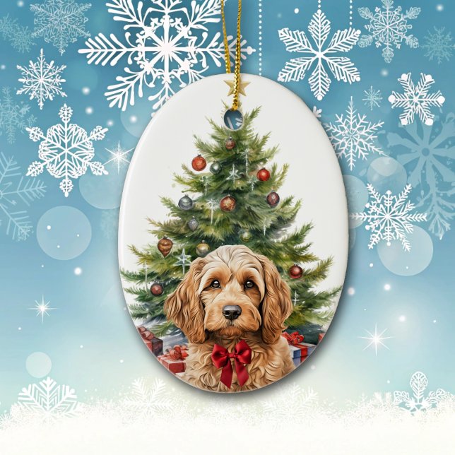 Ornamento De Cerâmica Lindo Cachorro Cockapoo com Laço Vermelho no Natal (Criador carregado)