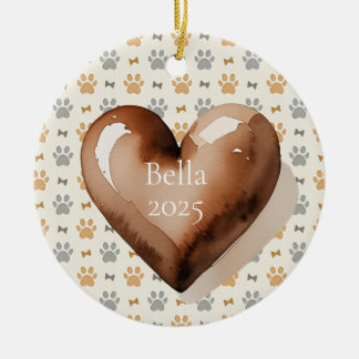 Ornamento De Cerâmica Lindo Coração Marrom com Pegada de Pata em Aquarel