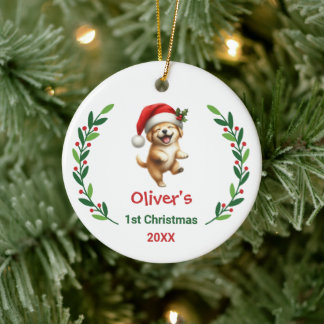 Ornamento De Cerâmica Lindo Primeiro Natal do Bebê com Cachorrinho Festi