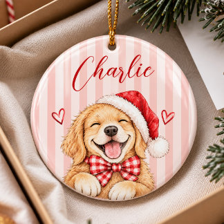 Ornamento De Cerâmica Lindo Retriever Dourado Laço Vermelho Natal