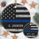 Ornamento De Cerâmica Linha Azul Thin - Policial - Bandeira Americana<br><div class="desc">Mostre seu apoio e orgulho para nossa polícia com esta barra de tortas fina da linha azul - bandeira americana em cores da Polícia,  design angustiada. Mãe da Polícia - Presentes da Esposa da Polícia</div>