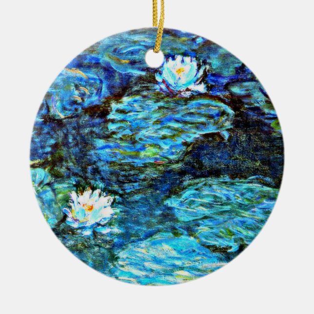 Ornamento De Cerâmica Lírios de Água Azul por Monet (Frente)