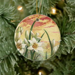 Ornamento De Cerâmica Lírios de páscoa do nascer do sol do vintage e