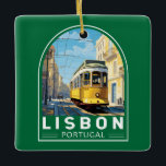 Ornamento De Cerâmica Lisboa Portugal Yellow Tram Viagem Art Vintage<br><div class="desc">Design de viagem vetor de Lisboa em estilo emblema. Uma cidade portuária próspera localizada na foz do rio Tagus,  conhecida pelos seus antigos edifícios de cor pastel.</div>