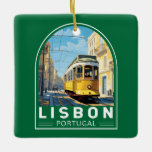 Ornamento De Cerâmica Lisboa Portugal Yellow Tram Viagem Art Vintage<br><div class="desc">Design de viagem vetor de Lisboa em estilo emblema. Uma cidade portuária próspera localizada na foz do rio Tagus,  conhecida pelos seus antigos edifícios de cor pastel.</div>
