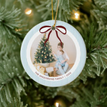 Listras Azuis Clássicas Laço Vermelho Natal