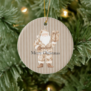 Ornamento De Cerâmica Listras Brancas Creme Santa Natal
