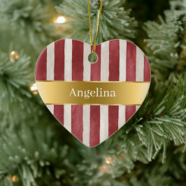 Ornamento De Cerâmica Listras Brancas Creme Vermelho Fita Dourada Natal