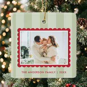Ornamento De Cerâmica Listras de Fotos de Natal em Verde Sage Moderno