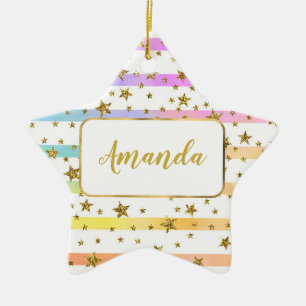 Ornamento De Cerâmica Listras e estrelas femininas personalizadas
