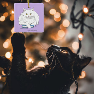 Ornamento De Cerâmica Livro Branco Gato Roxo Engraçado