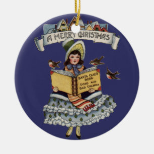 Ornamento De Cerâmica Livro Menina Antiga e Papai Noel do Natal