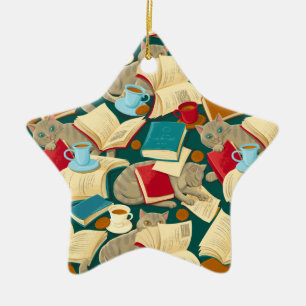 Ornamento De Cerâmica Livros e gatos