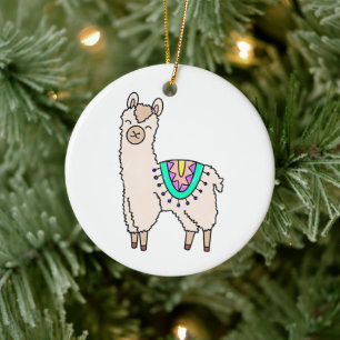 Ornamento De Cerâmica llama alpaca de desenho animado sorridente e feliz