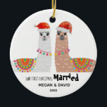 Ornamento De Cerâmica Llama Primeiro Natal Casado Encantado Santa Hat<br><div class="desc">Primeiro Natal engajado ou unido ou ornamento casado. Ornamento único com um casal de lhamas vestindo Santa Hat. Atualize com seus nomes e data,  é fácil!</div>