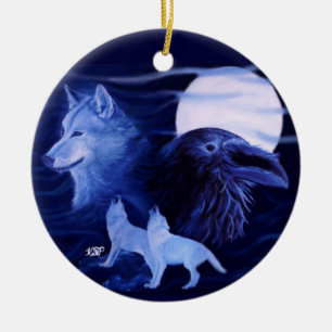 Ornamento De Cerâmica Lobo and Raven with full moon