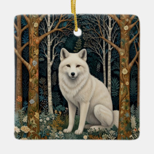 Ornamento De Cerâmica Lobo branco vintage boho floresta de madeira