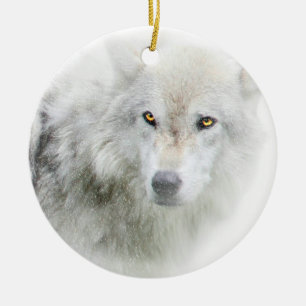Ornamento De Cerâmica Lobo de Olhos Ouros Bonitos na Neve Ornament