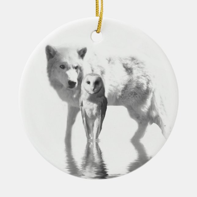 Ornamento De Cerâmica Lobo e Coruja (Frente)
