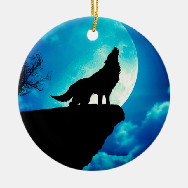 Ornamento De Cerâmica Lobo em silhueta uivando até a lua de cheio (Frente)