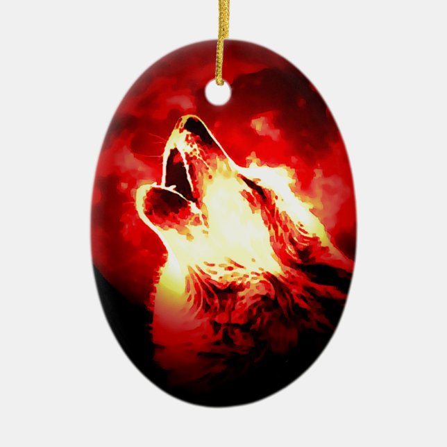 Ornamento De Cerâmica Lobo, Lua e Céu Vermelho (Frente)