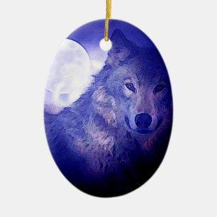 Ornamento De Cerâmica Lobo, Lua e Noite Azul