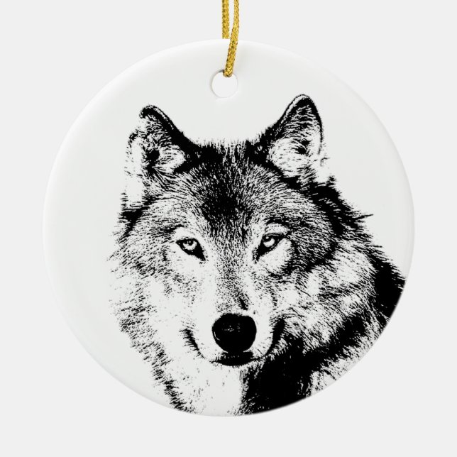 Ornamento De Cerâmica Lobo Negro e Branco (Frente)