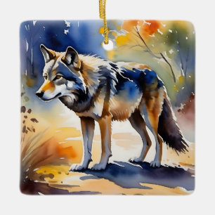 Ornamento De Cerâmica Lobo numa pintura de aquarela florestal