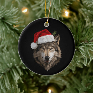 Ornamento De Cerâmica Lobo Papai Noel Chapéu Retrato Árvore de Natal