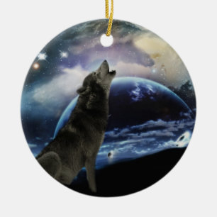 Ornamento De Cerâmica Lobo uivando na árvore de natal da lua