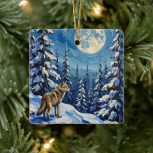 Ornamento De Cerâmica Lobo Vintage na Floresta de Inverno ao Luar Natal
