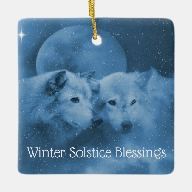 Ornamento De Cerâmica Lobos do Solstício de Inverno na Neve com Bênção d (Frente)