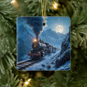 Ornamento De Cerâmica Locomotiva a Vapor Antiga ao Luar