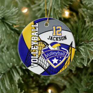 Ornamento De Cerâmica Logotipo de vôlei azul, amarelo e Cinza personali