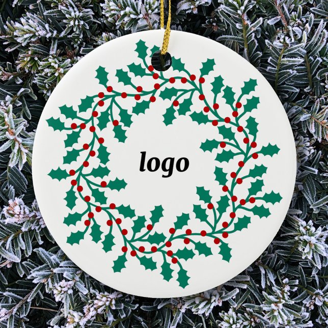 Ornamento De Cerâmica Logotipo Holly Wreath Business (Logo wreath business promotional ceramic holiday ornament)