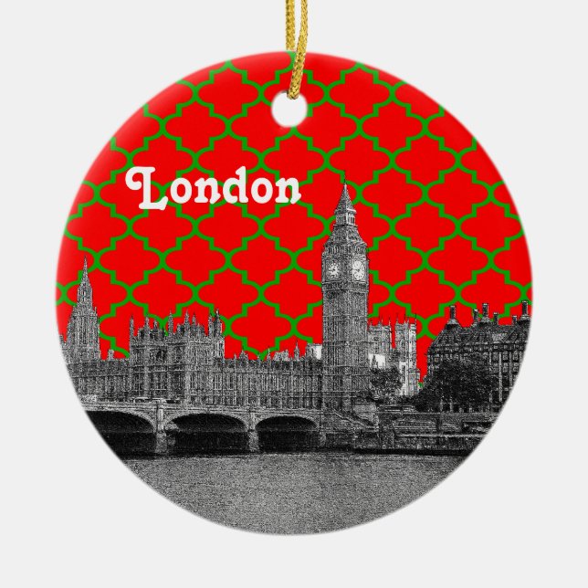 Ornamento De Cerâmica Londres Skyline Etch Green Red Quatrefoil BG Xmas (Frente)