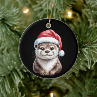 Ornamento De Cerâmica Lontra Natal Chapéu do Papai Noel Férias Inverno V