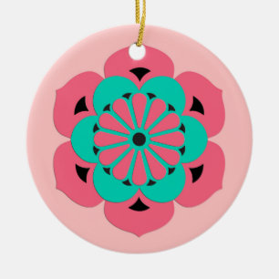 Ornamento De Cerâmica Lotus Flower Mandala, Coral Rosa e Turquesa