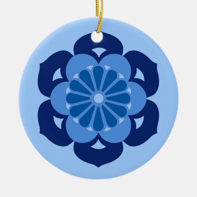 Ornamento De Cerâmica Lotus Flower Mandala, Indigo e Azul Claro (Frente)