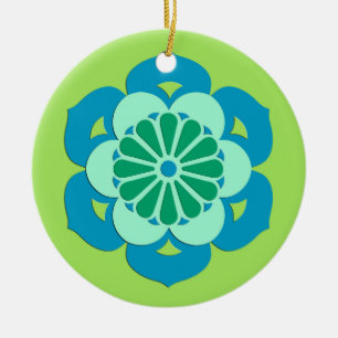 Ornamento De Cerâmica Lotus Flower Mandala, Verde limão e Azul Claro