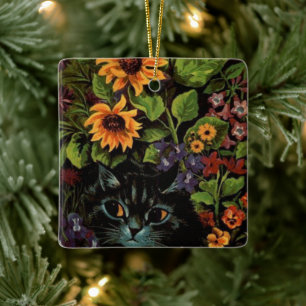 Ornamento De Cerâmica Louis Wain Ornament de Gatos cercados por Flores