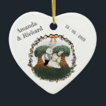 Ornamento De Cerâmica Love Bunnies | Coração de Aniversário de Casamento<br><div class="desc">Um Enfeites de natal giro e romântico em forma de coração que apresenta uma ilustração adorável de dois coelhos coelhos lentos dançando debaixo das árvores no pôr do sol. Isso seria um doce presente personalizado para seu parceiro ou um casal recém-casado.</div>