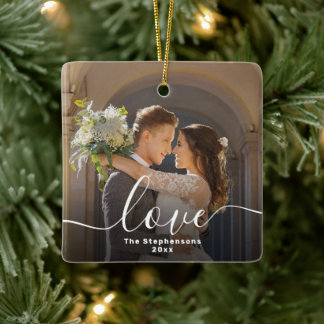 Ornamento De Cerâmica Love Elegant Script Overlay Fotografia frente dupl