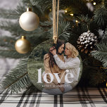 Ornamento De Cerâmica Love Overlay Fotografias e Nomes<br><div class="desc">Crie uma doce lembrança do seu casamento,  lua de mel ou momento especial com este belo ornamento personalizado. Adicione uma foto de casamento favorita a cada lado com "amor" sobreposto em letras brancas clássicas,  e seus nomes embaixo.</div>