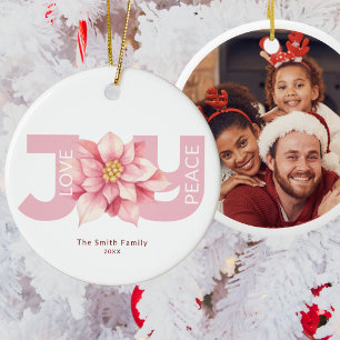 Ornamento De Cerâmica Love Peace Joy Pink Poinsettia Foto de Natal