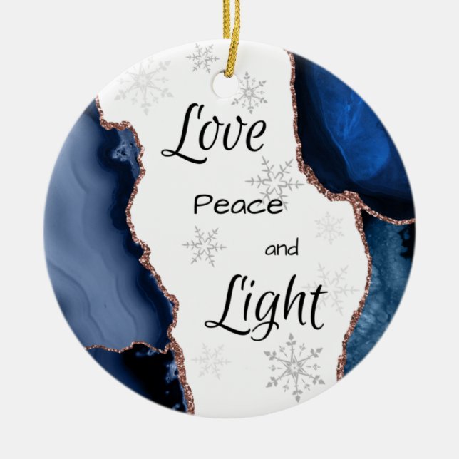 Ornamento De Cerâmica Love Peace Light Geode Dourado Gliter Marinho Blue (Frente)