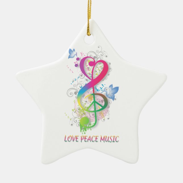 Ornamento De Cerâmica Love Peace Music Splatter espirra flores pássaros (Frente)