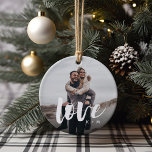 Ornamento De Cerâmica Love Script Overlay Foto de Casais personalizados<br><div class="desc">Crie uma doce lembrança do seu casamento,  noivado,  aniversário,  lua de mel ou momento especial com este ornamento cerâmico personalizado que é perfeito para casais. Adicione uma foto favorita a cada lado,  com "amor" sobreposto em letra casual de escrita de pincel,  e suas iniciais abaixo.</div>