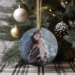 Ornamento De Cerâmica Love Script Overlay Foto & Inicials<br><div class="desc">Crie uma doce lembrança do seu casamento,  lua de mel ou momento especial com este belo ornamento personalizado. Adicione uma foto favorita de casamento a cada lado com "amor" sobreposto em letras modernas de escrita branca,  e suas iniciais embaixo.</div>